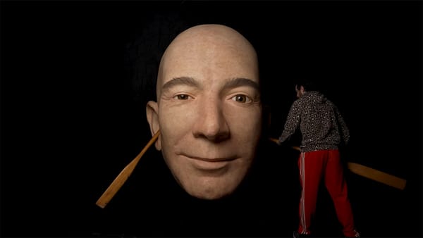 A man stands in front of a giant, hyperrealistic sculpture of Jeff Bezos's face, putting oars into the ears.